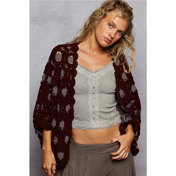 POL Openwork V-Neck Chenille Cardigan with Contrast Floral - Picture 2 of 5